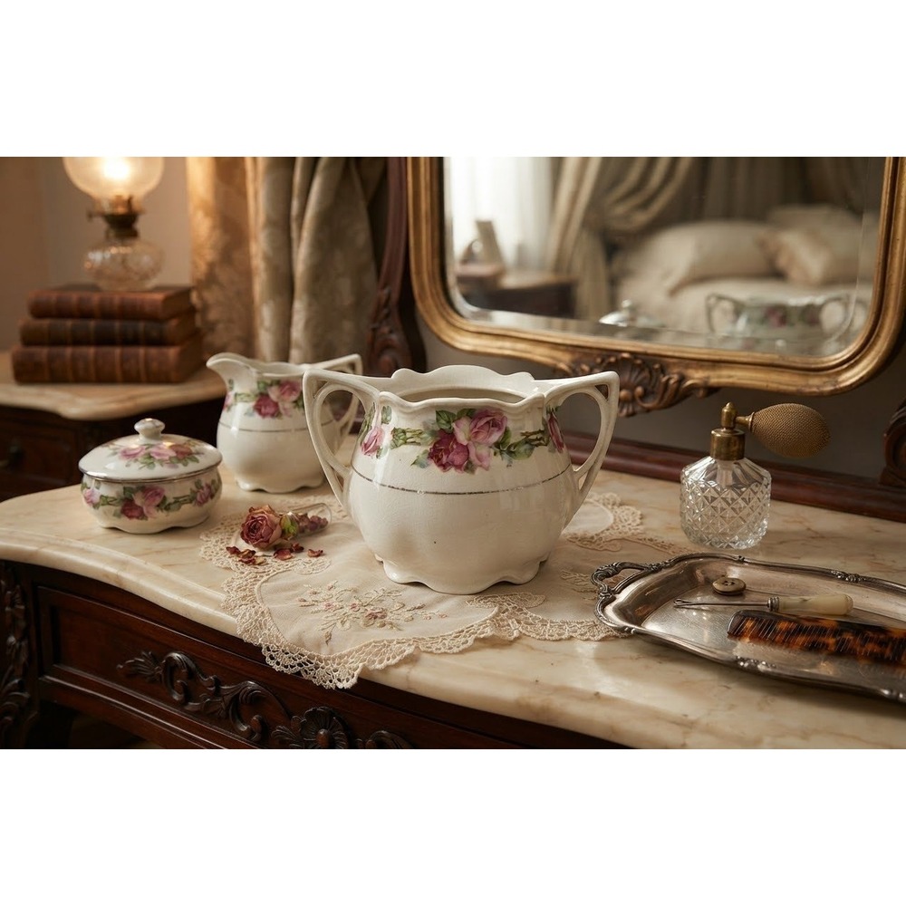 Antique German Porcelain Rose Sugar Bowl Scalloped Double Handle C. 1900 4x3